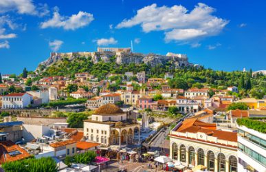View of the Acropolis from the Plaka, Athens, Greece